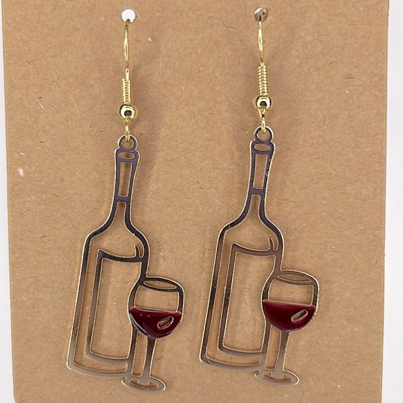 Jewelry - Wine Bottle & Wine Glass 18k Gold Platted Hook Design Dangle Earrings